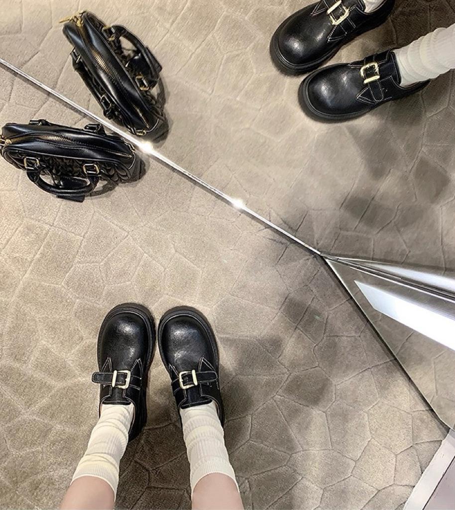 

Cowhide~ Su Yinyin has the same small gold buckle Derby doll big head thick sole thick heel lazy loafers women s small leather shoes 35