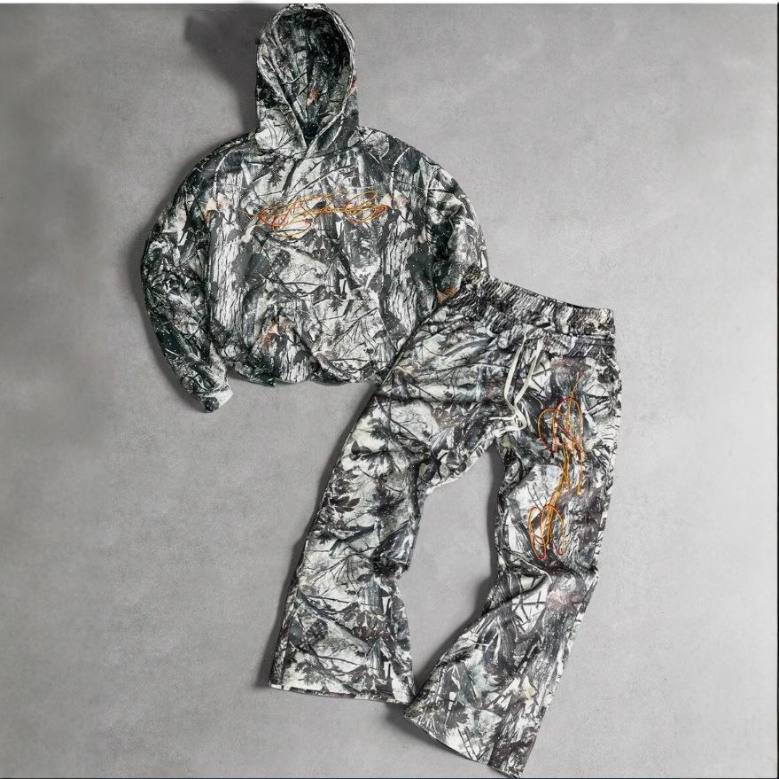 American high street jungle camouflage hooded sweater with straight pants, retro loose casual two-piece set