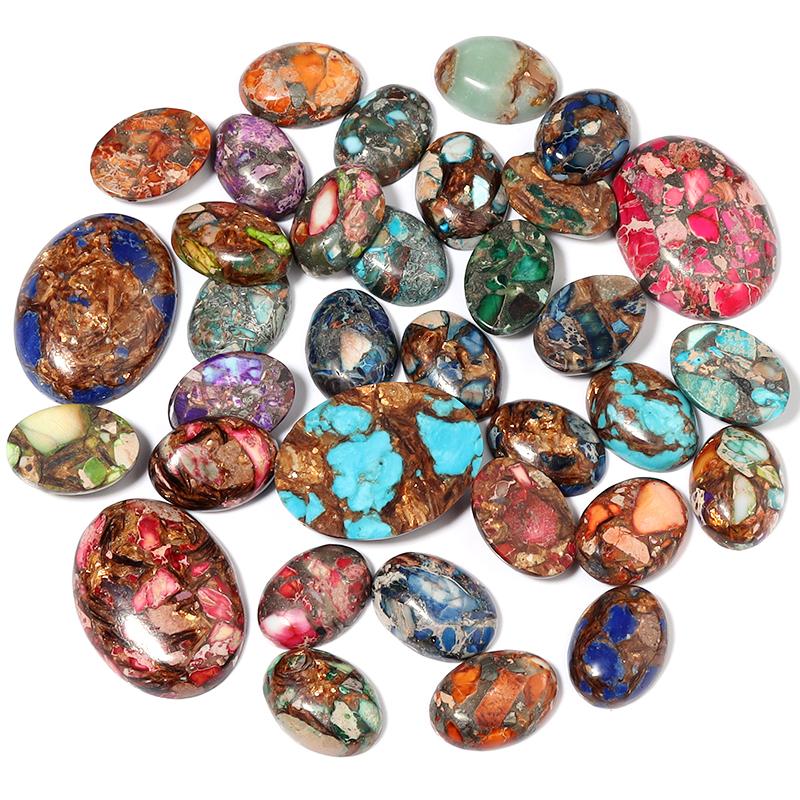 2pcs/lot Natural Stone Cabochon Colorful Imperial Jasper Oval Beads Gemstone Cabochon For DIY Necklace Rings Jewelry Accessories