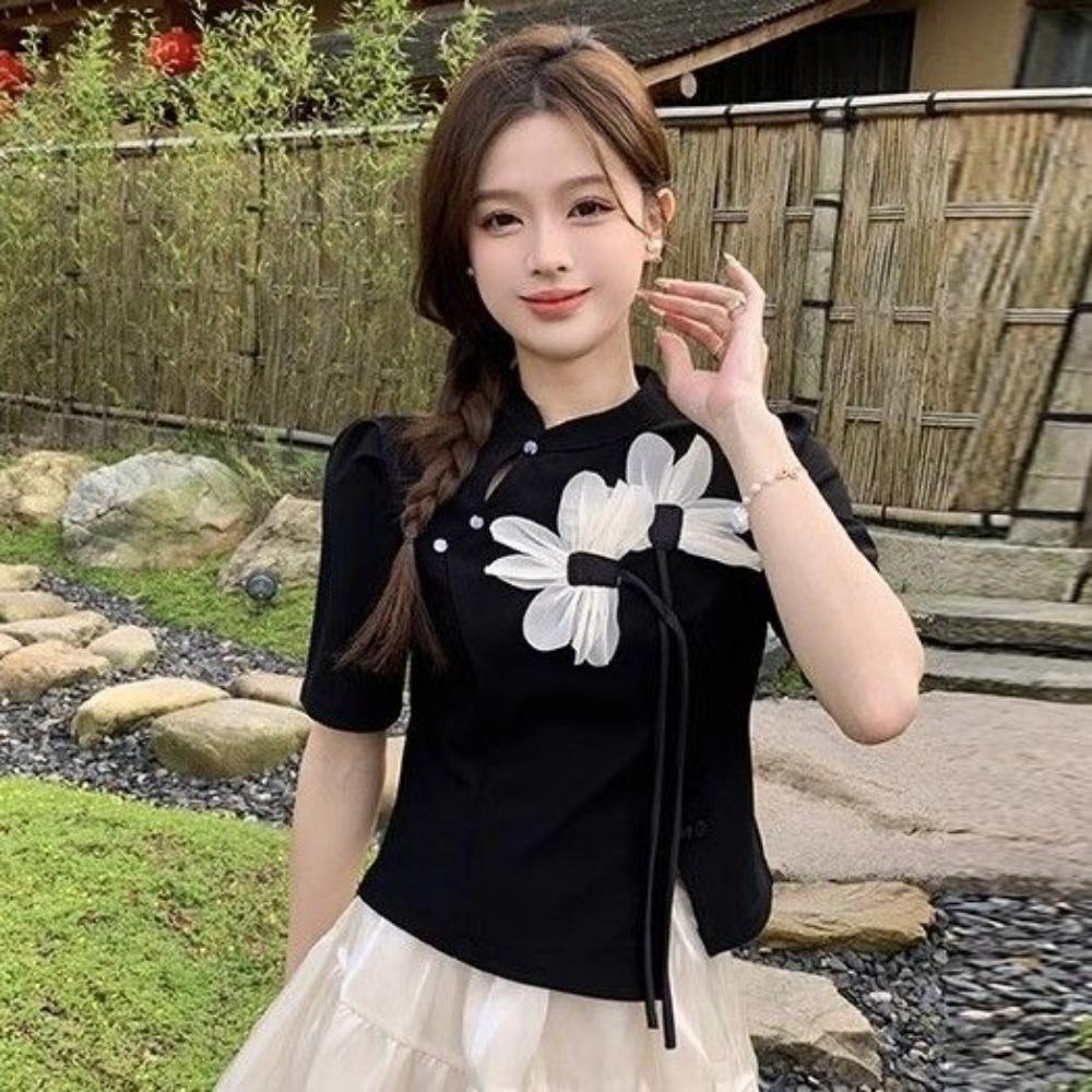 Chinese Style Fashion Women Summer Gentle Frog Button T-shirt with Mesh A-line Skirt Two-piece Set
