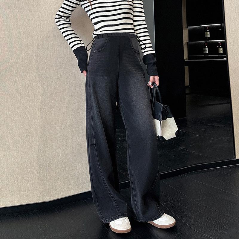 Spring 2026 Korean High-Waisted Maternity Denim Wide-Leg Pants in Black 2XL