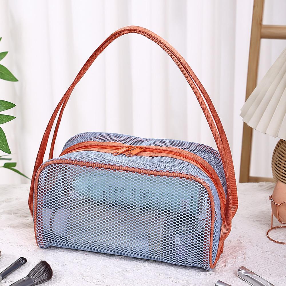 New with Handle Travel Makeup Bag Large Capacity Mesh Cosmetic Bag Polyester Lightweight Storage Bag