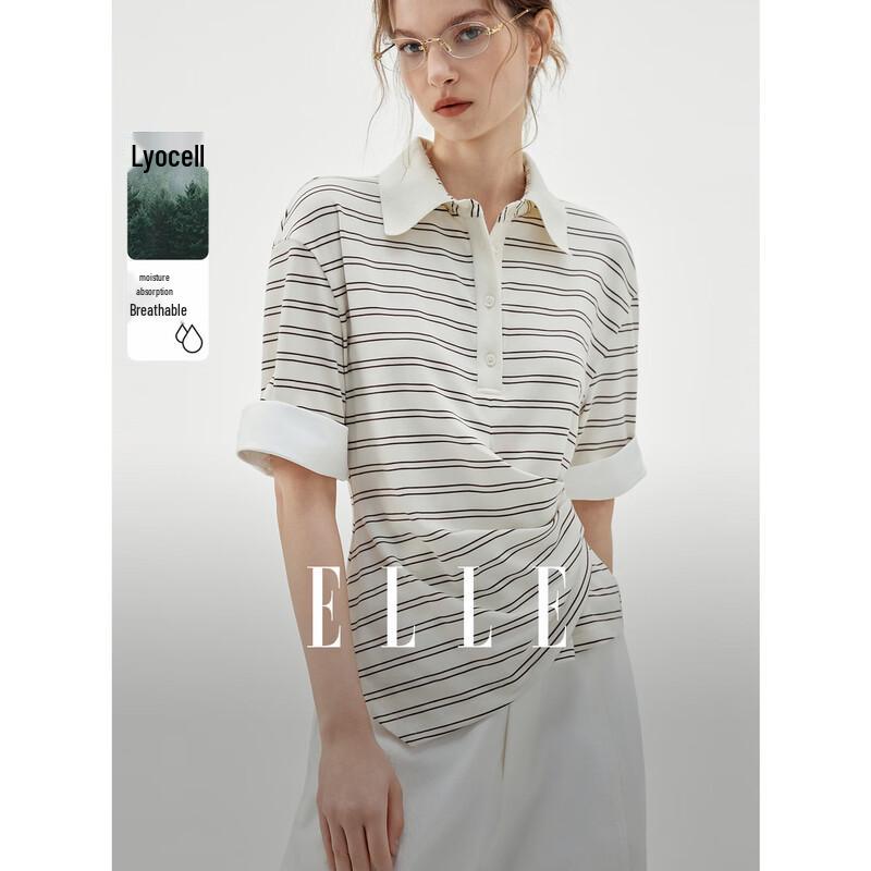

ELLE Women s Striped Lyocell Polo T-Shirt L