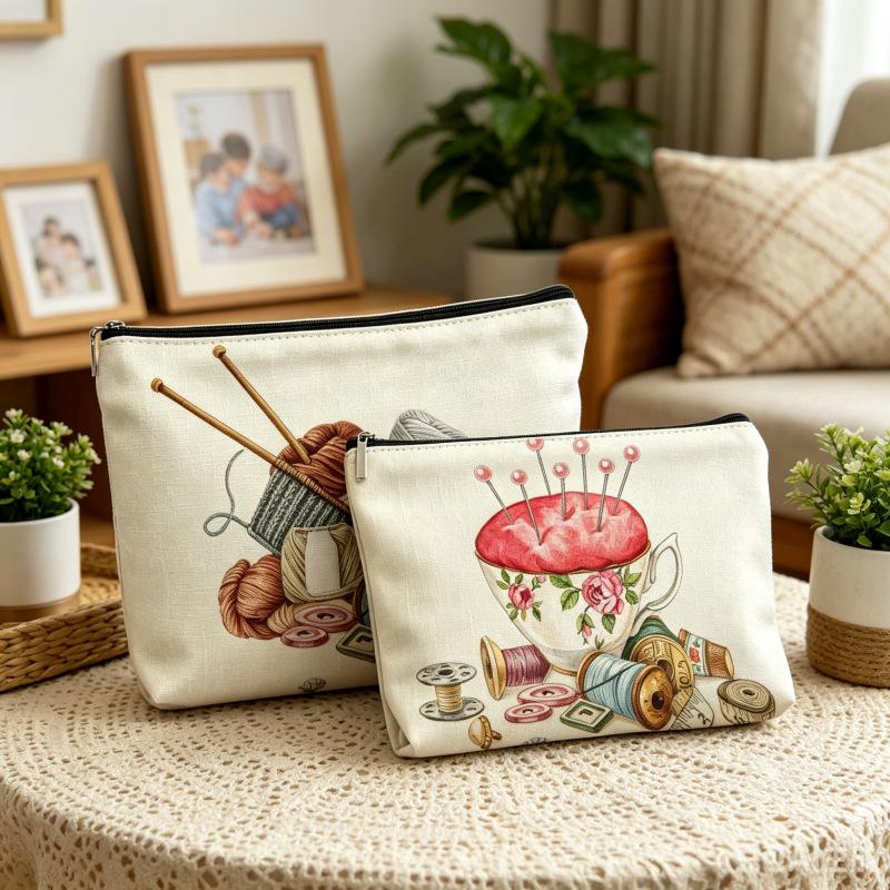 Retro Sewing Machine & Yarn Print Linen Cosmetic Bag with Zipper