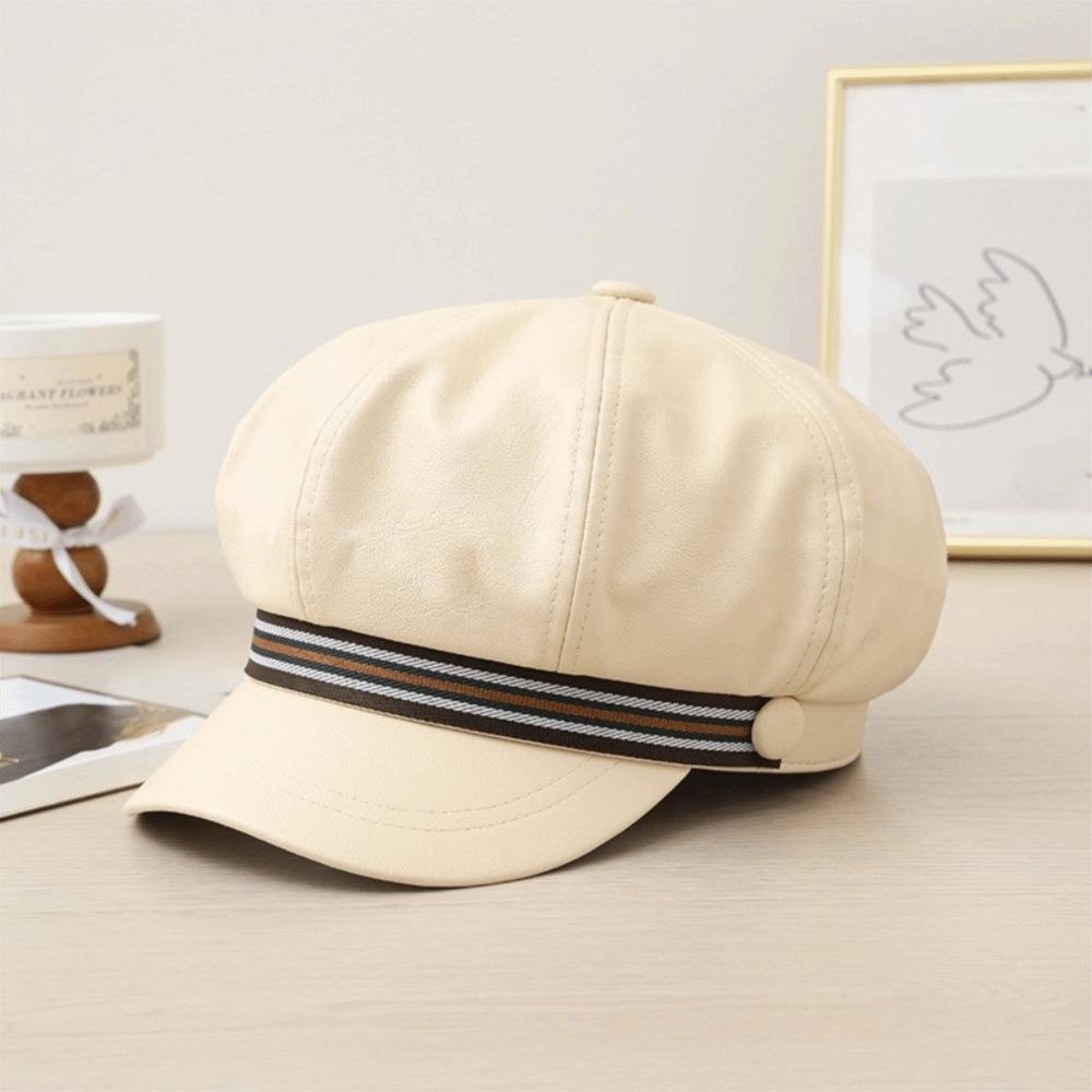 Windproof Octagonal Hat Warm Painter Hat Personality Pu Leather Beret  Autumn