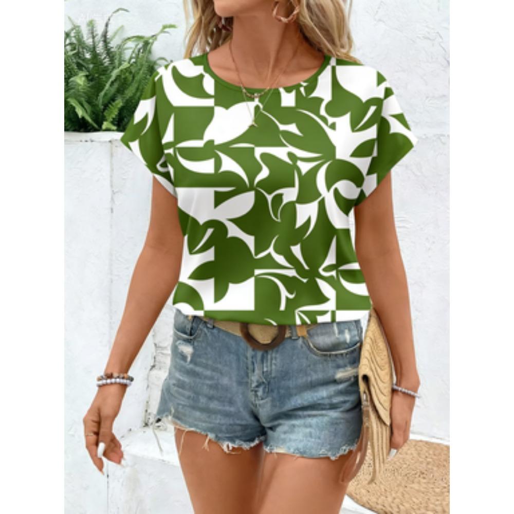 Casual Women Abstract Print Crew Neck T Shirt Short Sleeve Loose Fit Tee Shirt Summer Daily Wear Tops