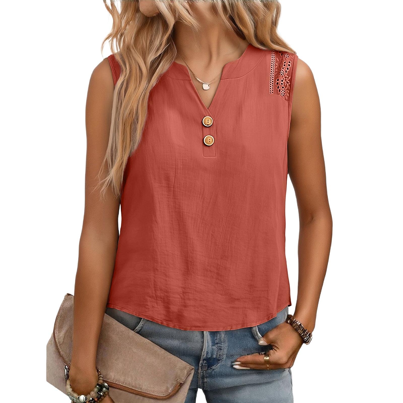 Sleeveless V Neck Blouse for Women with Button Detail and Lace Shoulder Trim Casual Loose Fit Top XL красный