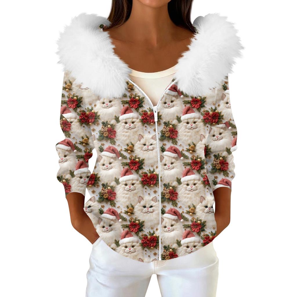Women's Fashion Casual Sweater Zipper Print Cardigan Plush Hooded Jacket