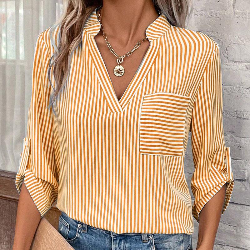 

Модные весенне-летние женские пуловеры с коротким рукавом и V-образным вырезом в полоску, рубашка, блузка, топ XL жёлтый