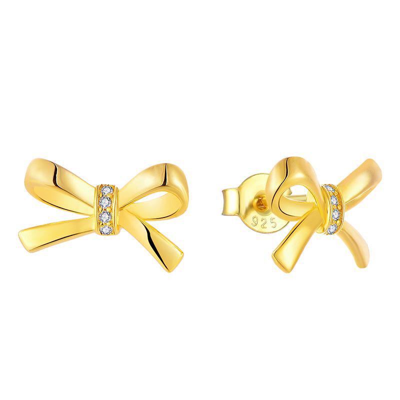 Bow Stud Earrings, S925 Sterling Silver, 14K Gold-Plated, Women s Ear Drop Cuff Jewelry. 925 Silver