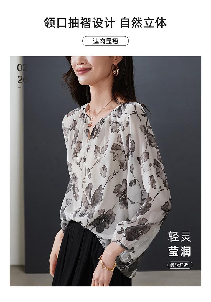100% mulberry silk printed shirt for women's 2026 spring fashion versatile round neck silk top