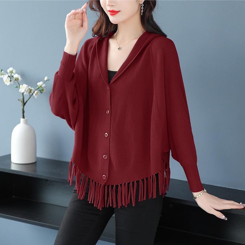 Lazy Wind Fringed Knitted Sweater Jacket Women's Autumn Solid Color Casual Large Size Bat Hooded Sweater Loose Cardigan Women