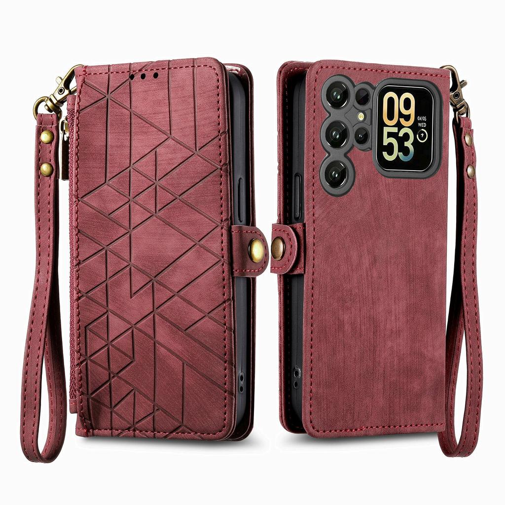 Etui portfel z zamkiem błyskawicznym i geometrycznymi liniami ze skóry do Oukitel C62 z paskiem