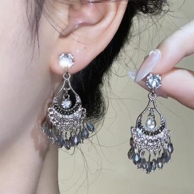 GemChic Women's New Vintage Sparkling Rhinestone Water Drop Tassel Fringe Earrings Ethnic Fashion Stud Earrings Birthday Christmas Jewelry Gift
