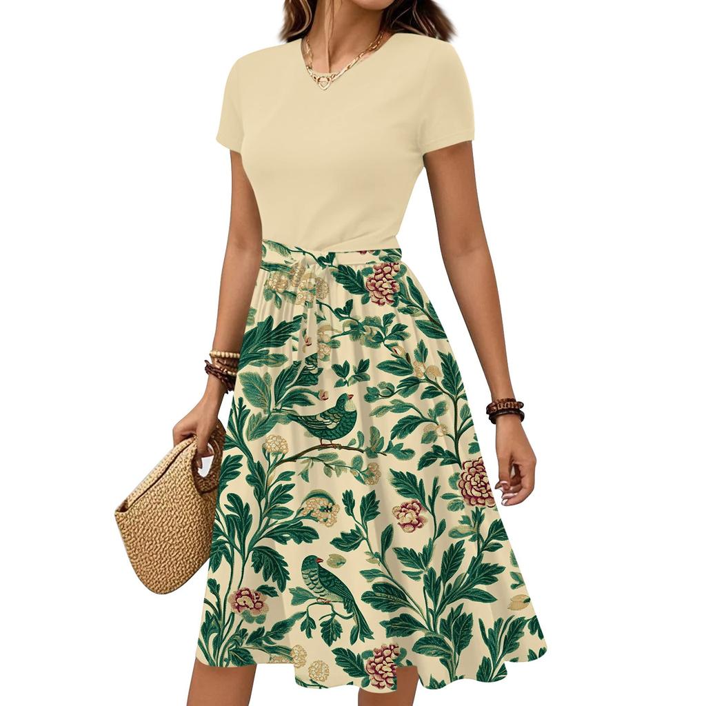 Women's Casual Fashion Belted Floral Print Short Sleeve Round Neck Elegant Dress