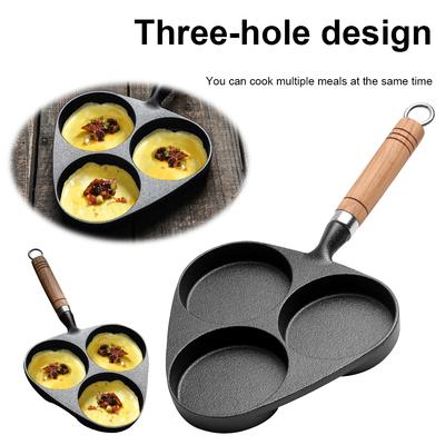 Cast Iron Breakfast Pan with Wooden Handle Three Hole Egg Maker Non Stick Cooking Pan for Perfectly Fried Eggs