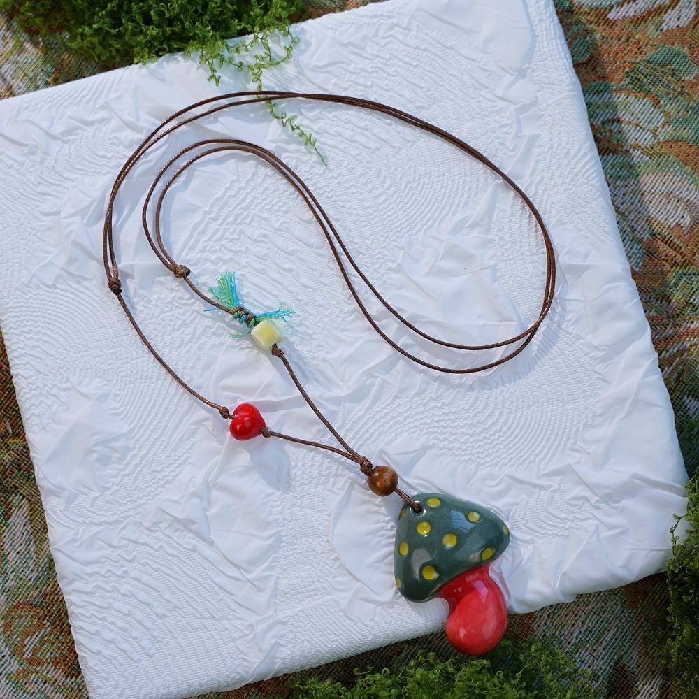 Hand-painted Mushroom Pendant Necklaces Small Flower Sweater Chain Necklaces Gift