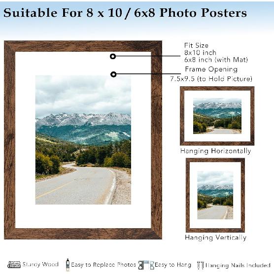 8x10 Picture Frame with 6x8 Mat Deep Brown, Display 6x8 with Mat or 8x10 Without Mat, Wood 8 by 10 Photo Frame, 8 x 10 Frame for Wall Hanging and