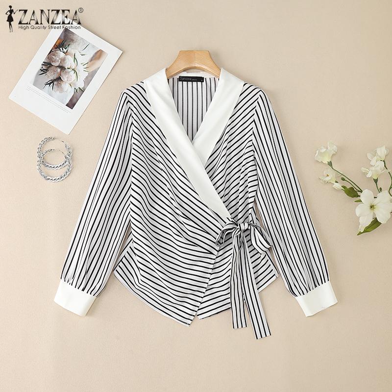 ZANZEA Blouse Décontractée Femme Col V Manches Longues Imprimé Rayures Lacée