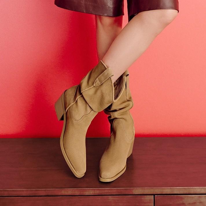 Retro Suede Western Cowboy Boots for Women 2024 Autumn New Collection Coarse Heel Pointed Fold Stacked Boots Knight Boots