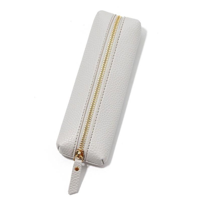 Large Capacity Zipper Pencil Case With Texture PU Leather Students School Supplies Organizer
