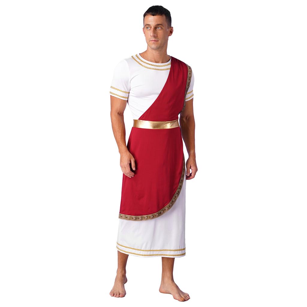 Mens Halloween Ancient Greek Toga Costume Short Sleeve Retro Gold Decoration Cosplay Roman Robe
