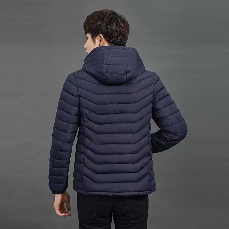 Leichte Daunen-Baumwolljacke für Herren, kurzer Stehkragen, warme Baumwolljacke mit Kapuze für große Jugend-Männer, lässiger Herbst- und Wintermantel