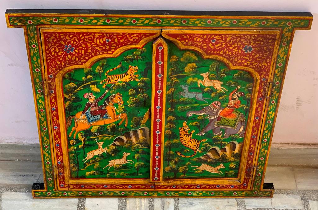 Handmade Wooden Jharokha Wall Hanging: Royal Hunting Scene, Festival Decor