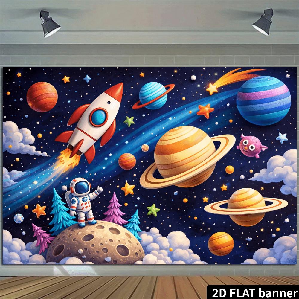 2D-planare Universum-Wunder-Hintergrundstoff - Astronaut steht auf der MondoberflächeDJH