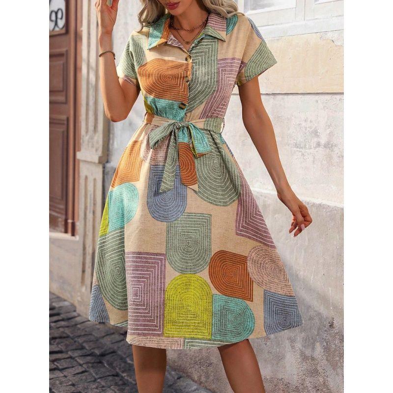 

Summer Women Dress Ladies Blouse Skirt Print Short sleeve Casual Shirts blouses Skirt Light apricot XL