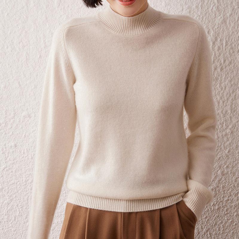 Women's Versatile Cashmere Sweater - Half-High Neck, Thick Pure Color Pullover, Loose Knit Wool Base Layer for Autumn and Winter