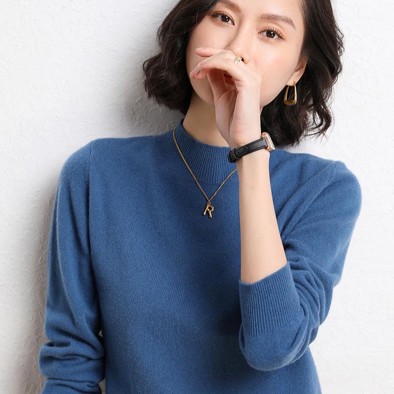 Women's Knitted Half High Neck Sweater - Solid Color, Warm Thick, 2024 Autumn/Winter New Style