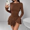 Abito Mini Elegante da Donna Autunno Inverno Slim Fit Colore Puro Manica a Svaso Vita Alta Abiti da Festa