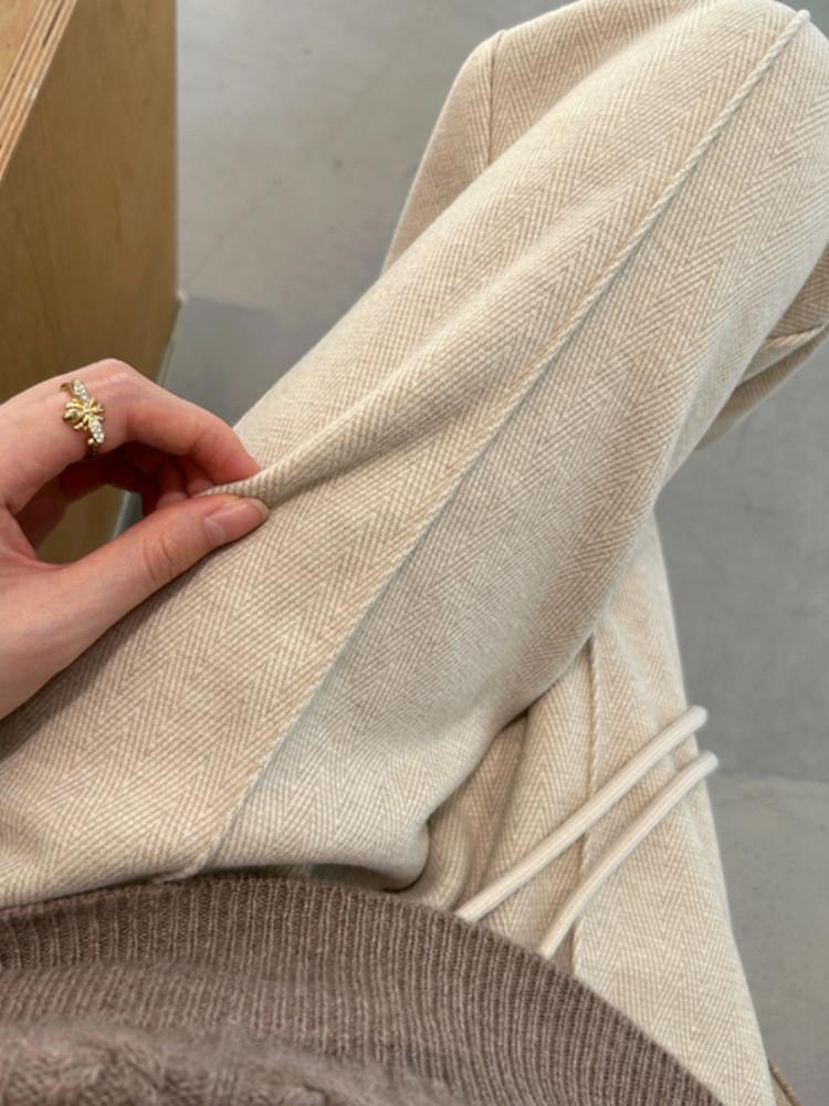 Women's Early Autumn Fleece-Lined High-Waisted Herringbone Trousers: Slimming, Casual Straight-Leg Design