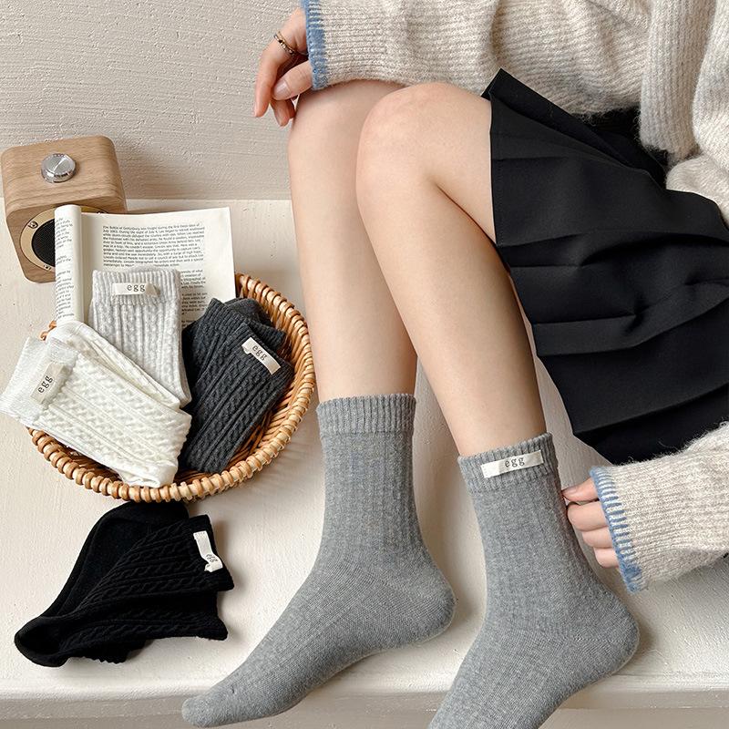 Women's Socks Egg Cloth Label Mid-calf Socks Autumn Linen Pattern Pile Socks Grey Socks