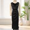 Women's Satin Ruched High Slit Bodycon Maxi Dress Sexy Sleeveless Cocktail Party Wedding Guest