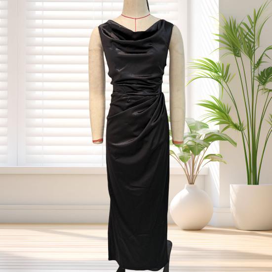Women's Satin Ruched High Slit Bodycon Maxi Dress Sexy Sleeveless Cocktail Party Wedding Guest