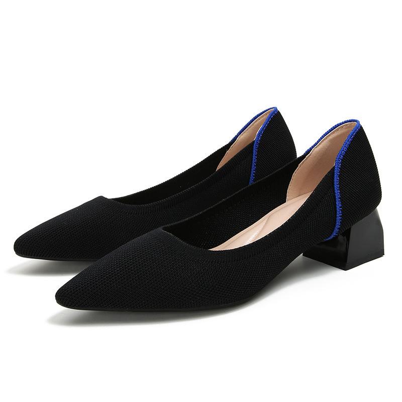 New thick heel knitted shoes temperament versatile fashion leopard print color matching pointed shoes woven shoes
