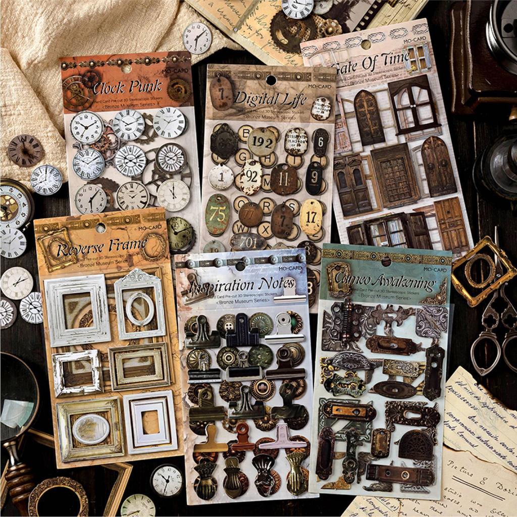1pc/6pc Bronze Museum Series Stickers Retro Handmade Bookkeeping Materials Decorative Stickers Industrial Style Steampunk Style