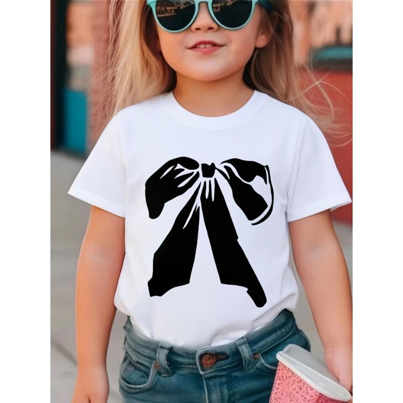 European sizes Girls' Short-Sleeve T-Shirt | Black Bow Print, Trendy Pattern Design, Soft and Comfortable for Everyday Wear, Suitable for Outdoor