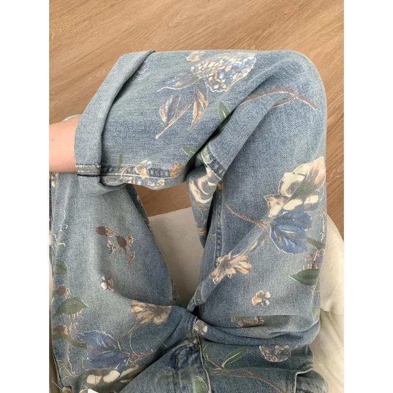 Jeans a Gamba Larga Stampati Floreali Retro Americani Larghi Vita Alta Slim Dritti Pantaloni a Strascico