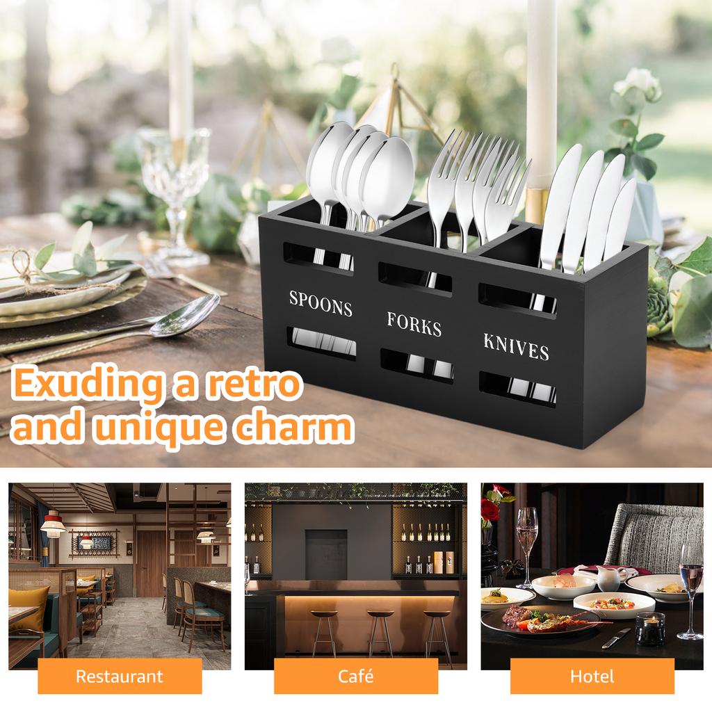 Silverware Caddy Wood Utensil Caddy with 3 Compartments Large Capacity Kitchen Flatware Utensil Holder for Forks Spoons Cutters