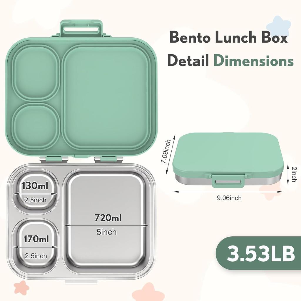 Stainless Steel Bento Box Kids, Leak Proof Metal Bento Lunch Box,3 Compartments 304 Stainless Steel Bento Lunch Containers for School and