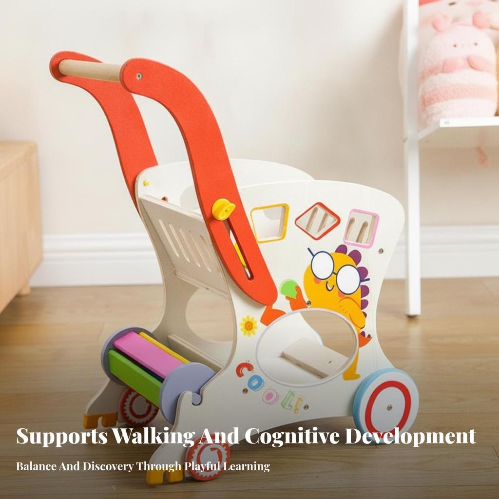 Wooden Infant Pusher Cart Cutout Openings Push Stacking Rings Play for Young