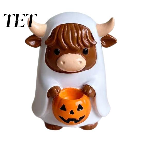 Resin Pumpkin Candy Bowl Highland Cow Ghost Figurine with Bowl, Cute Halloween Holiday Party Table Centerpieces Tabletop Decor for Farmhouse