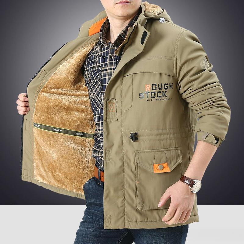 

Осенне-зимняя мужская куртка, свободная повседневная куртка средней и длинной длины для мужчин среднего возраста, утолщенный бархатный топ для активного отдыха 5XL хаки