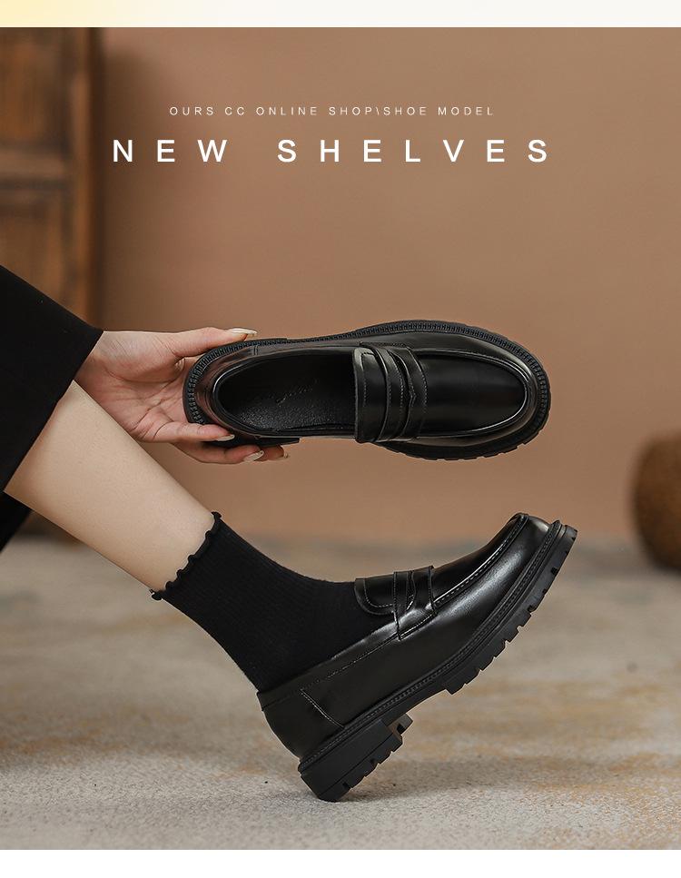 Damskor 2025 Brittisk stil läderloafers - Höst slip-on, mångsidiga arbetsskor med tjock sula