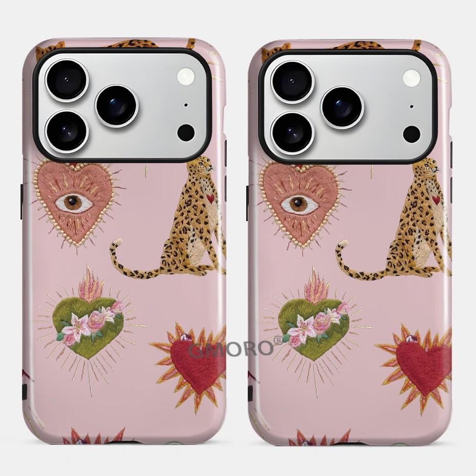 European and American Popular Embroidery Wind Leopard Love Mobile Phone Case iPhone16e Double-layer Magnetic Film Case Apple 17Pro