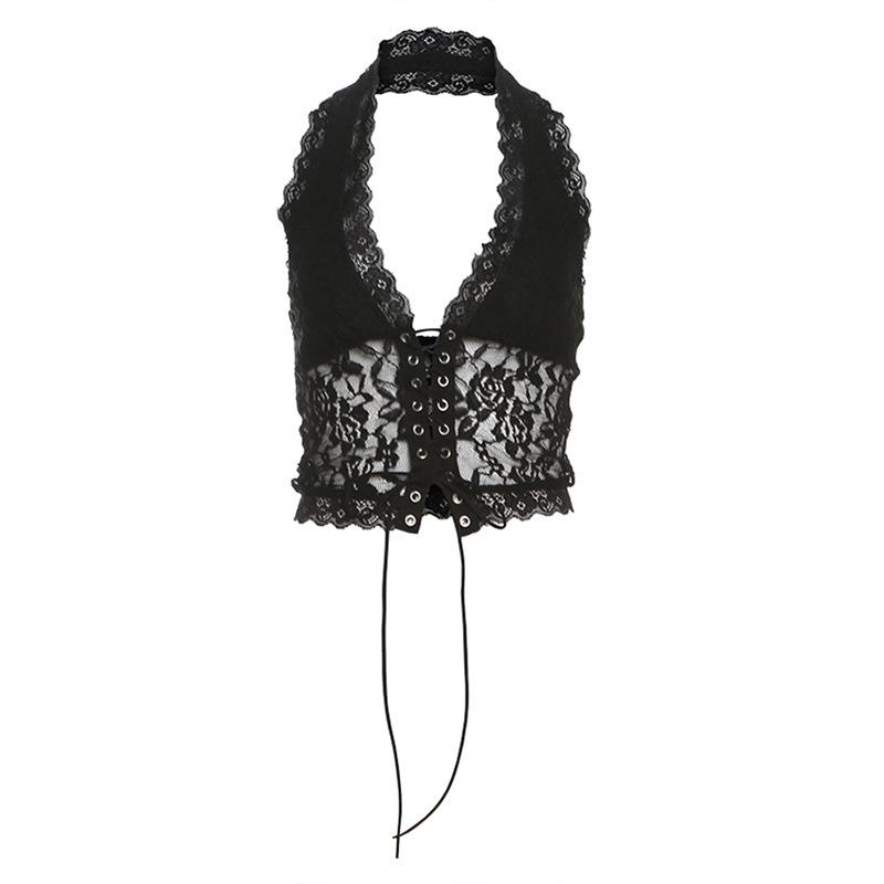 

2025 European & American Women s Lace-Trim V-Neck See-through Sleeveless Crop Top Large чорний