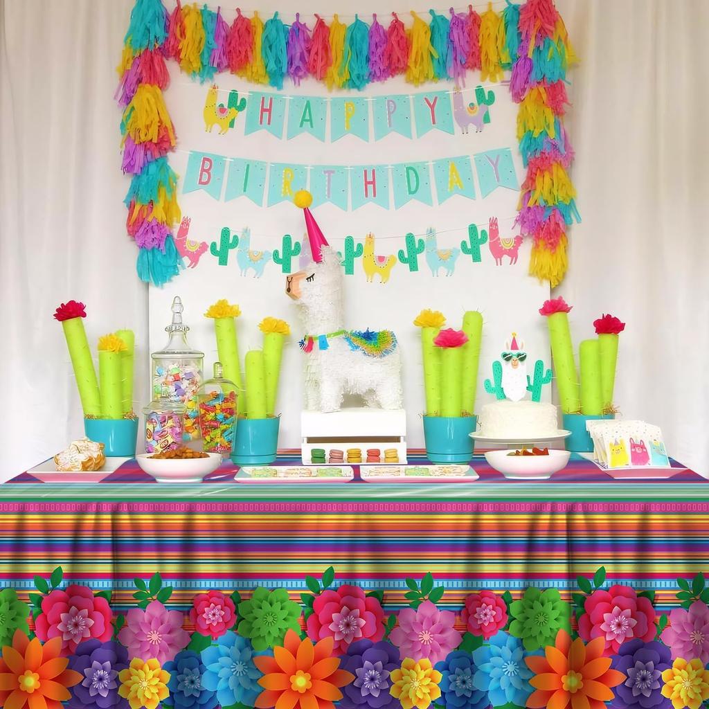 4PCS Mexican Holiday Theme Table Cloth Mexican Fiesta Tablecloths Cinco De Mayo Table Cover Mexico Colorful Striped Paper Flower Table Cloth for
